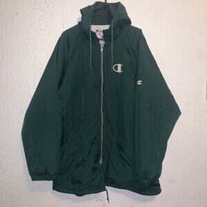 Vintage 90s Champion Long Coat Green Embroidered Oversized Hooded Jacket XL